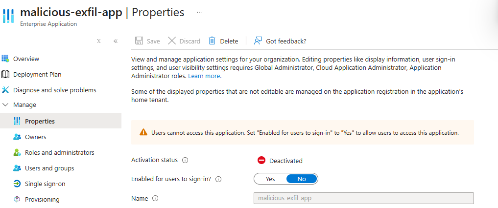 malicious-exfil-app Service Principal disabled in prod tenant