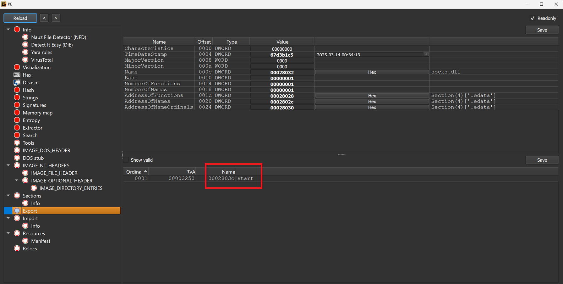 View of the sample's Exports in Detect-It-Easy