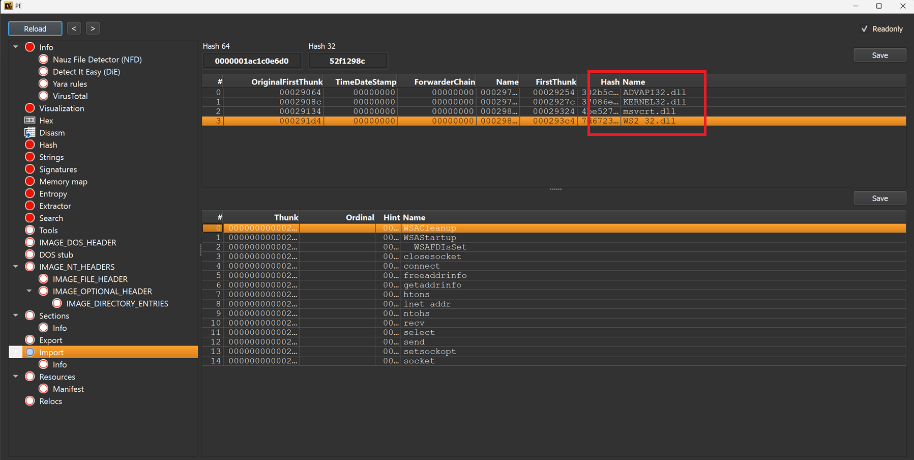 View of the sample's Imports in Detect-It-Easy