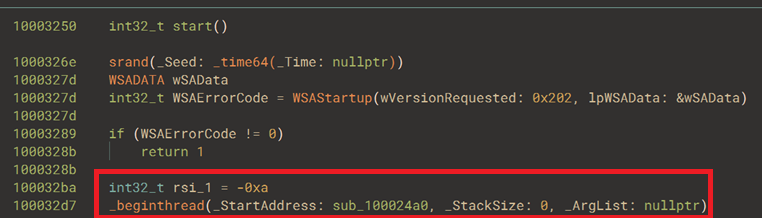 Exported start routine where we can see a call to "_beginthread"